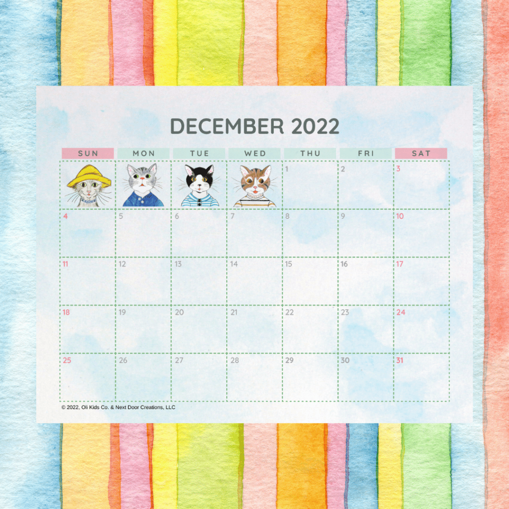 Free December 2022 Oli Kids Co. Printable Calendar