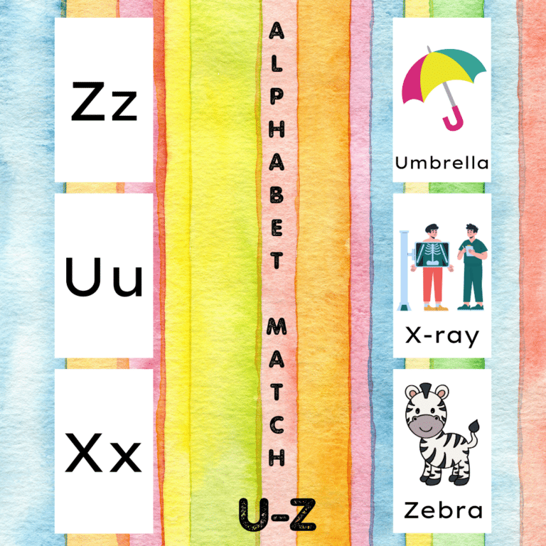 U – Z Matching Letters to Pictures & Words (Without Images on First Set of Cards)